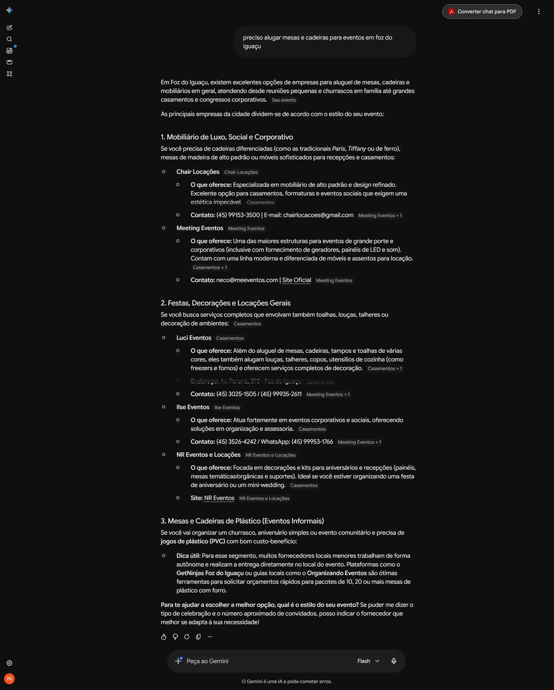 Chair Locações recomendada em primeiro lugar pelo Gemini