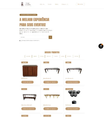 Página inicial e catálogo do site Chair Locações