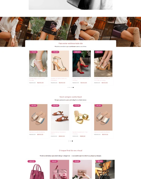 Grade de produtos com fotos, preços e opções de parcelamento