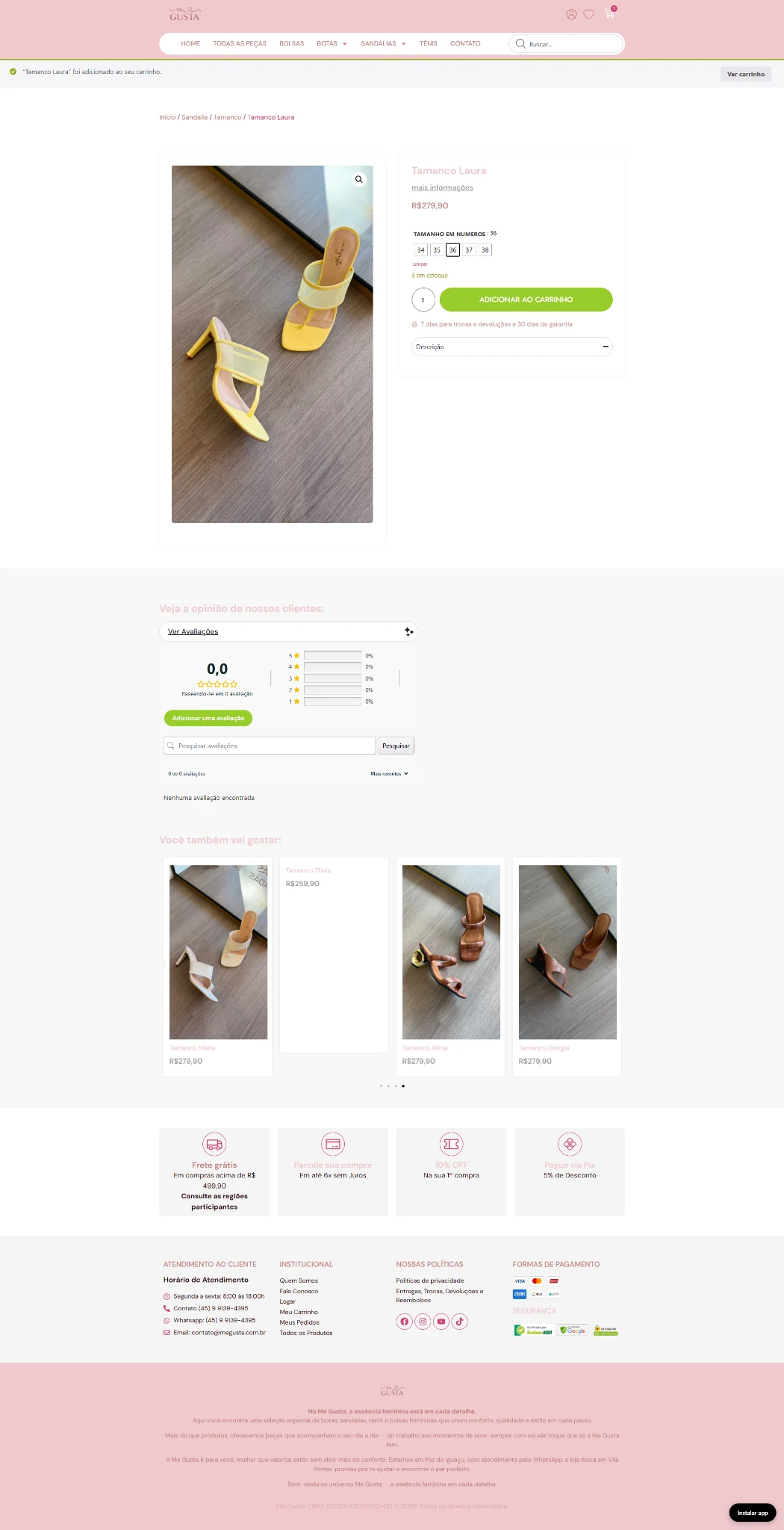 Página individual de produto com seletor de tamanho e fotos