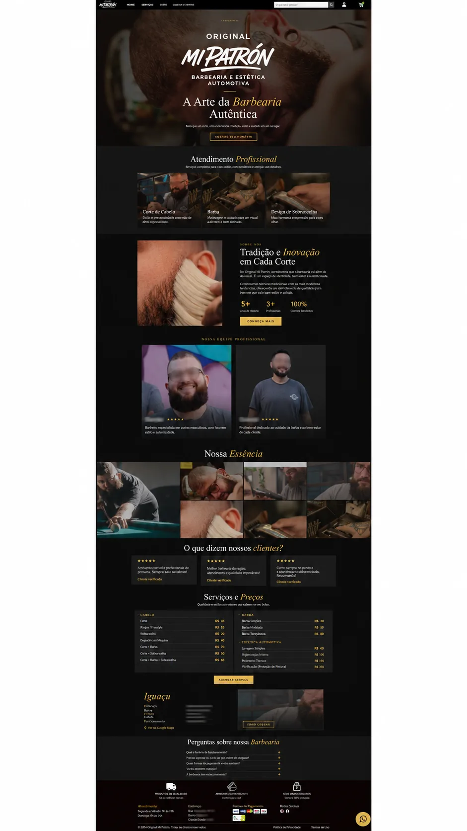 Visão geral do site da Original Mi Patrón com serviços, equipe, galeria, preços e localização