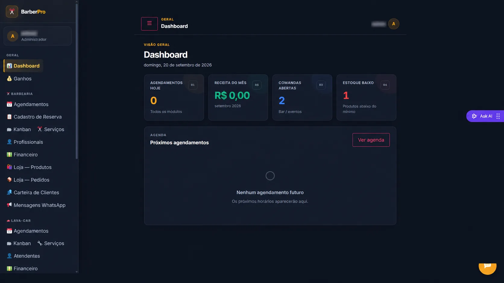 Dashboard do sistema BarberPro para gestão de barbearia