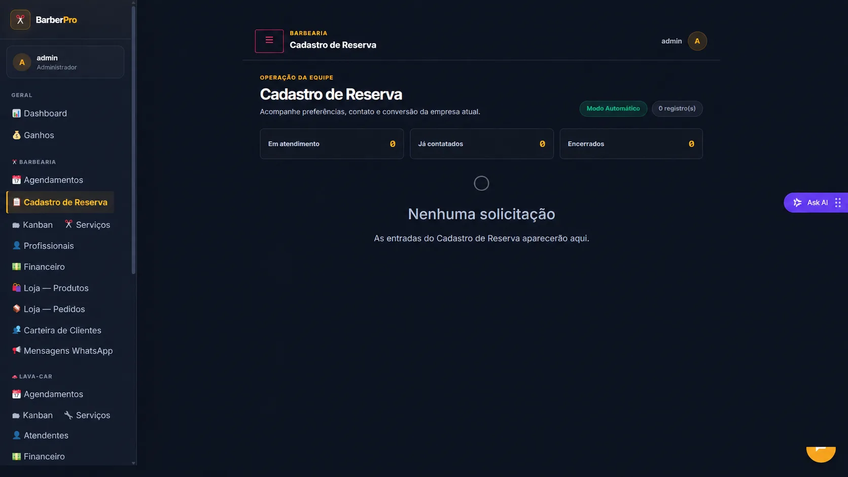 Cadastro de reserva no sistema BarberPro