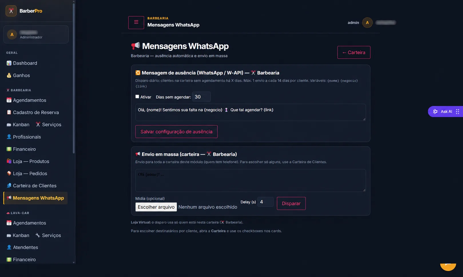 Automação de mensagens pelo WhatsApp no BarberPro