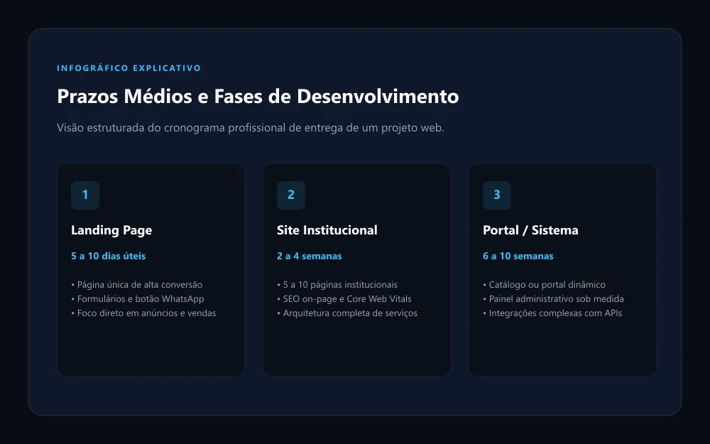 Cronograma de desenvolvimento de sites profissionais com etapas e prazos médios