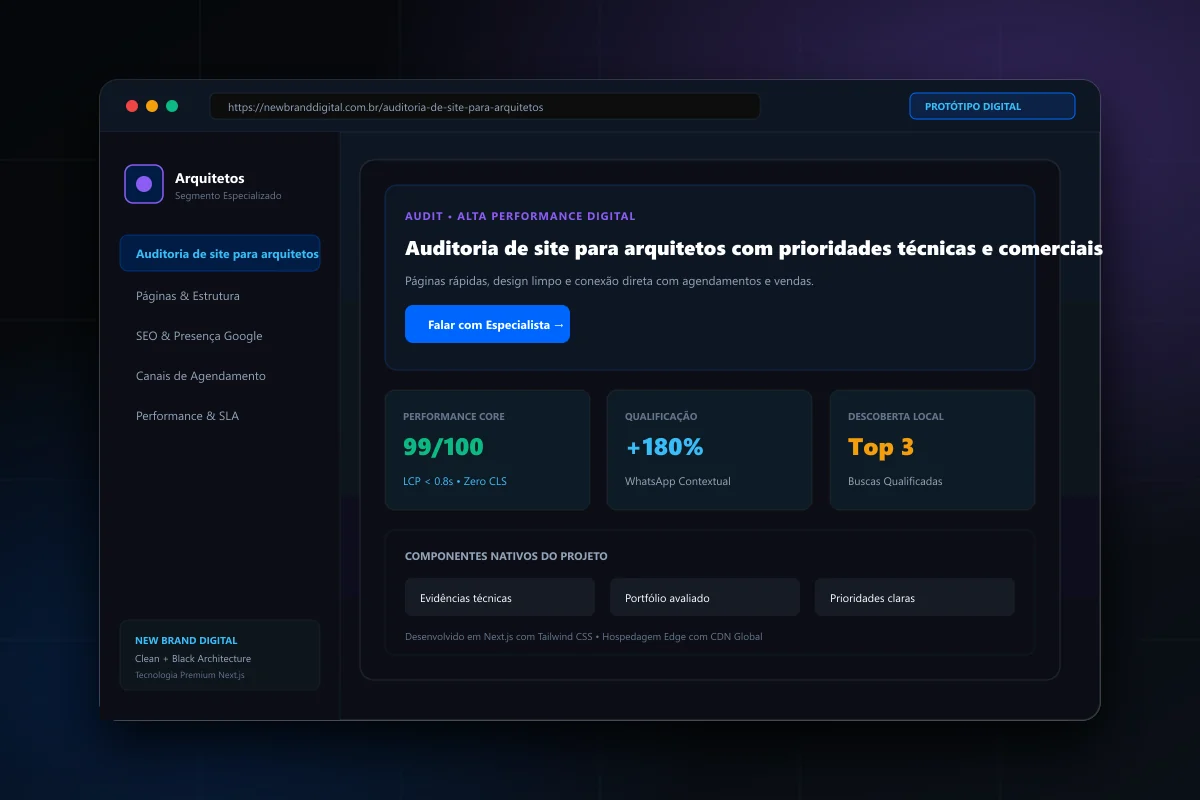 Interface demonstrativa de Auditoria de site para arquitetos - New Brand Digital