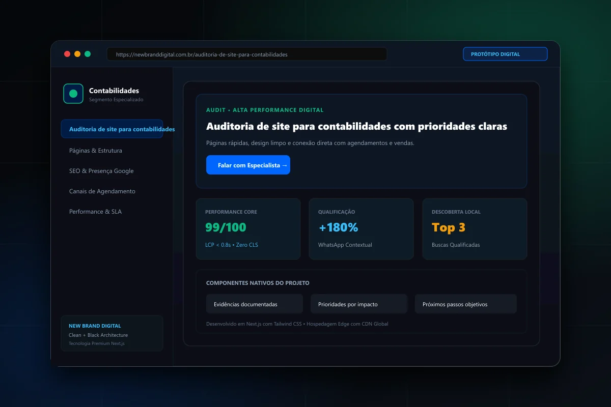 Interface demonstrativa de Auditoria de site para contabilidades - New Brand Digital