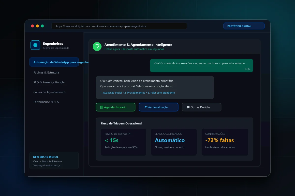 Interface demonstrativa de Automação de WhatsApp para engenheiros - New Brand Digital