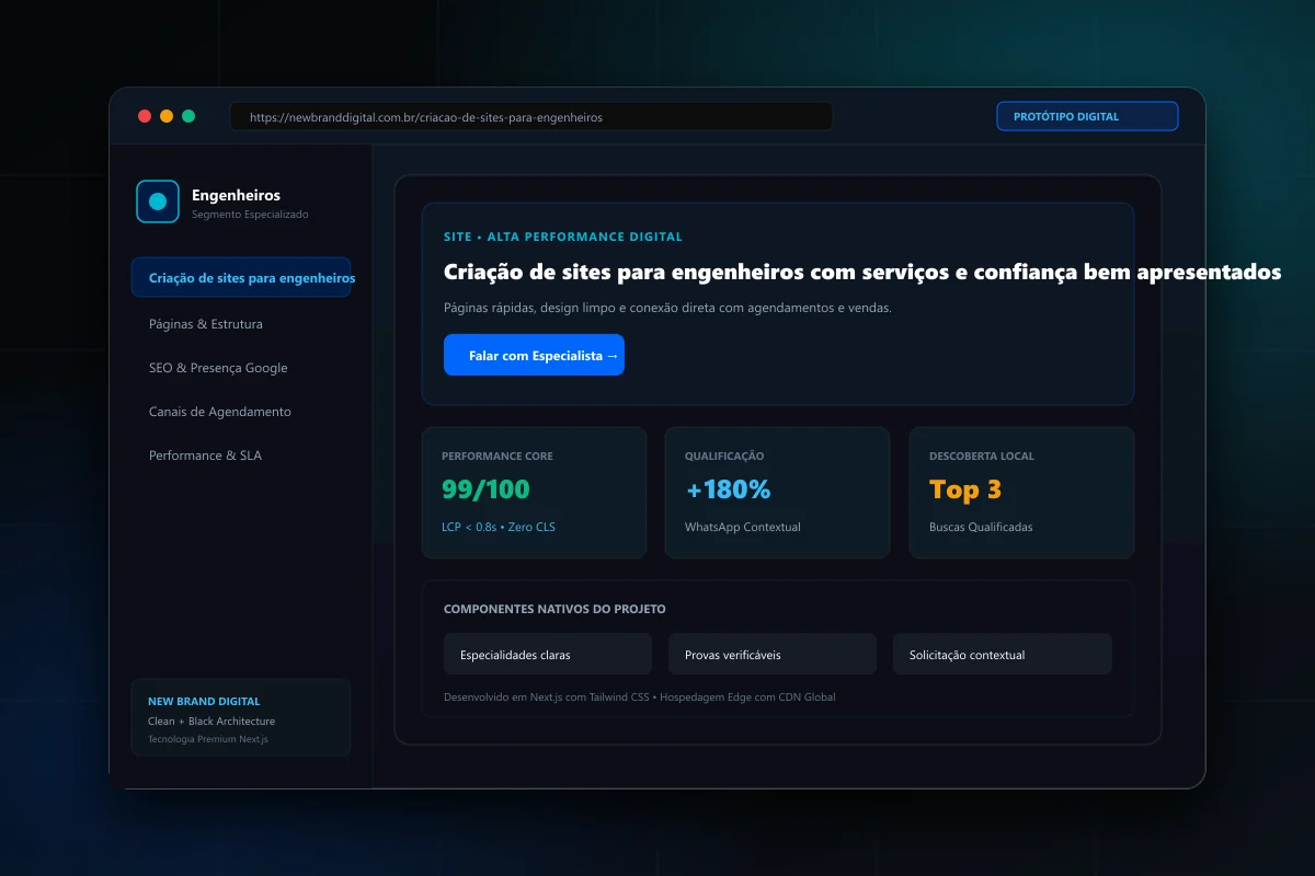 Interface demonstrativa de Criação de sites para engenheiros - New Brand Digital
