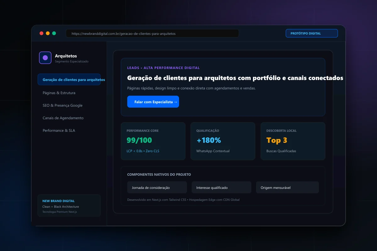 Interface demonstrativa de Geração de clientes para arquitetos - New Brand Digital