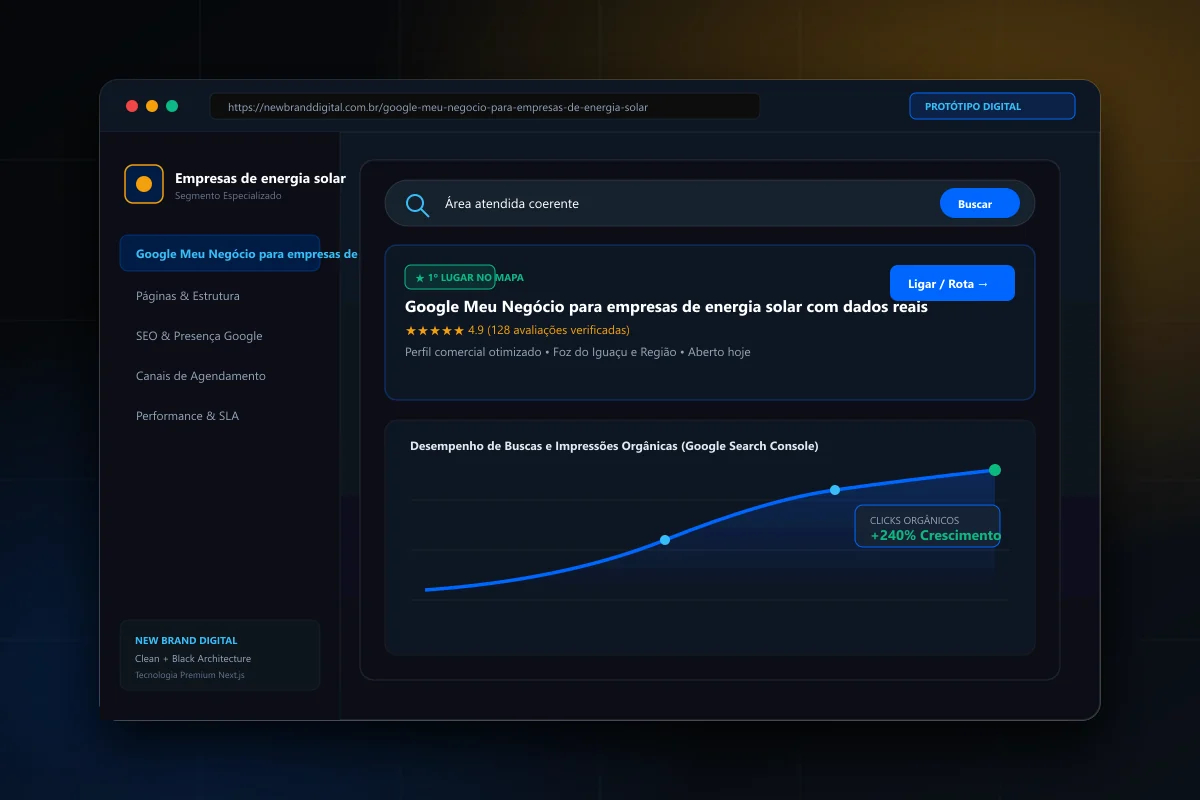 Interface demonstrativa de Google Meu Negócio para empresas de energia solar - New Brand Digital