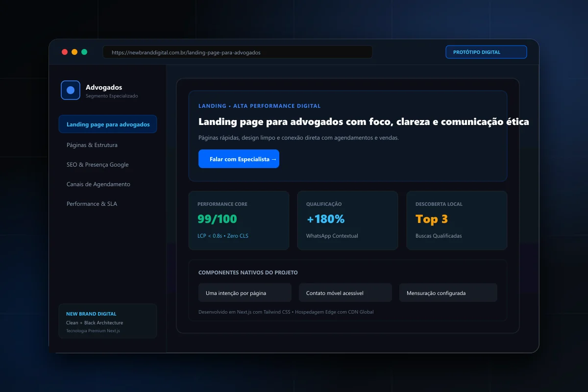 Interface demonstrativa de Landing page para advogados - New Brand Digital