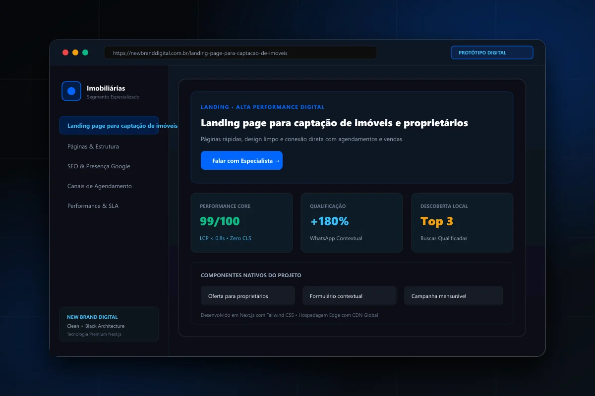 Interface demonstrativa de Landing page para captação de imóveis - New Brand Digital