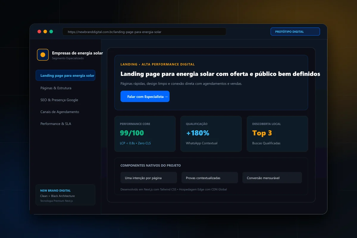Interface demonstrativa de Landing page para energia solar - New Brand Digital