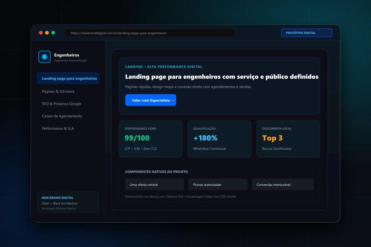 Interface demonstrativa de Landing page para engenheiros - New Brand Digital