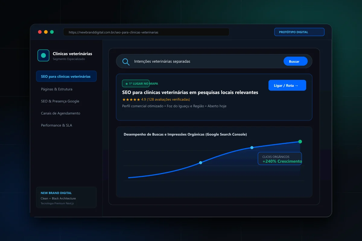 Interface demonstrativa de SEO para clínicas veterinárias - New Brand Digital