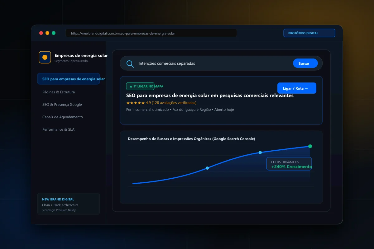 Interface demonstrativa de SEO para empresas de energia solar - New Brand Digital
