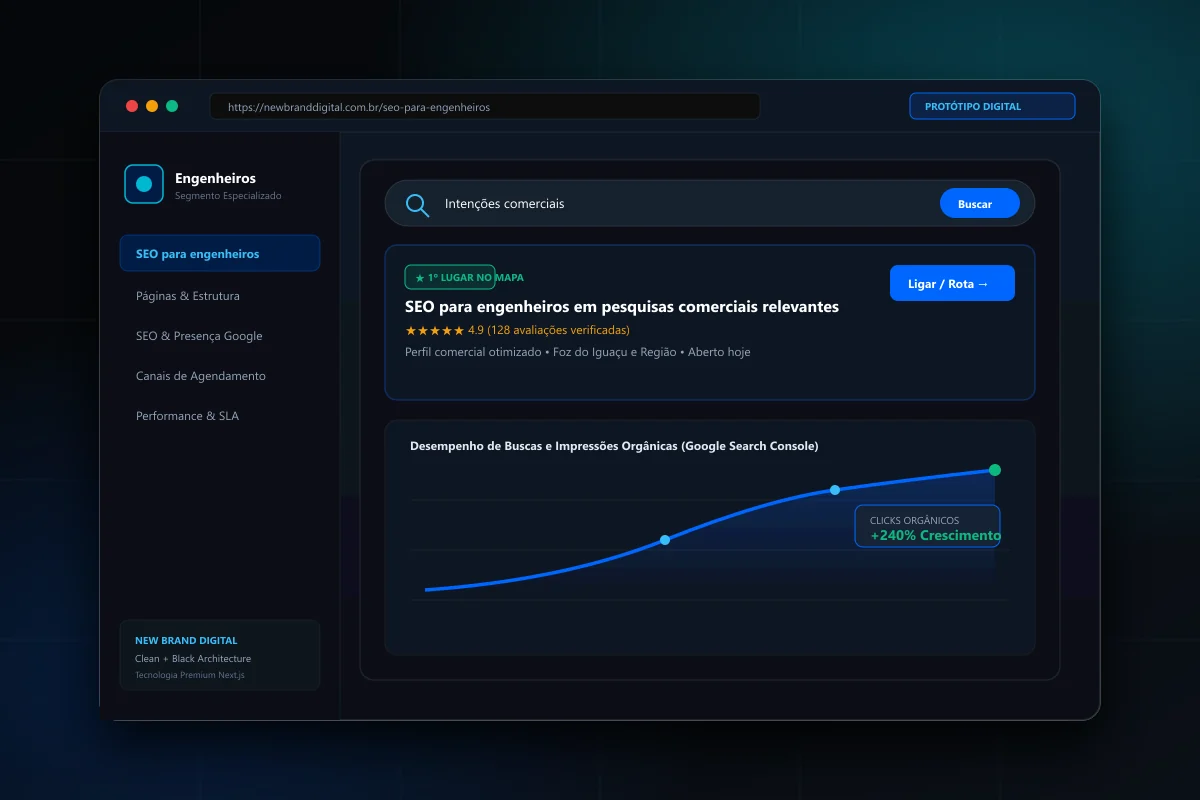 Interface demonstrativa de SEO para engenheiros - New Brand Digital