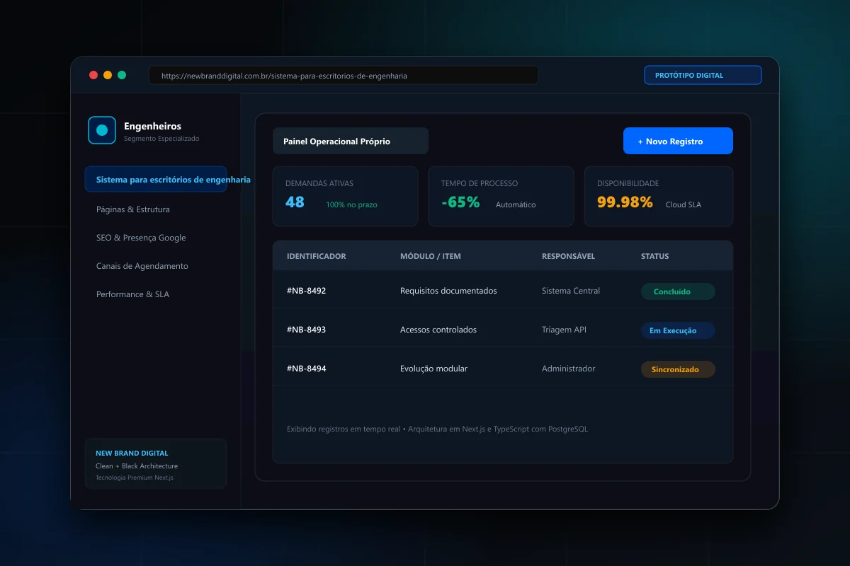 Interface demonstrativa de Sistema para escritórios de engenharia - New Brand Digital