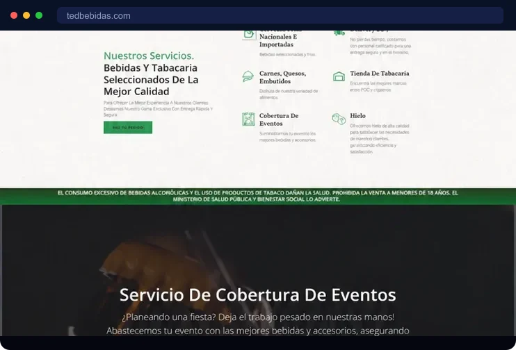 Catálogo de produtos e pedidos reais no site da TED Bebidas, referência de landing page para delivery